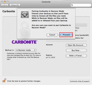 Carbonite Preference Pane: Recover Mode Pop-Up