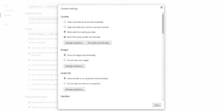 Settings in Google Chrome