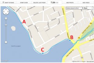 Make 2 points (A and B), that are the beginning as well as the end of the course area you wish to snap to roadway in addition to 3rd point (C) between A and B.